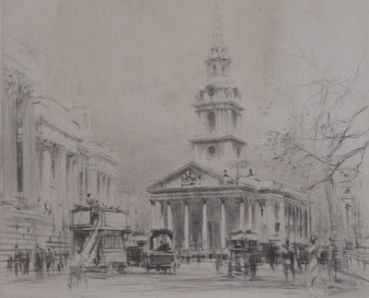 William Walcot (1874-1943), two etchings, comprising; London street scene and St Martin in the Fields, London, each signed in pencil, 15 x 22cm. Condition - some staining